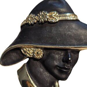 Black Matte / Gold Tone Woman in Hat Brooch Pin 2 Inches